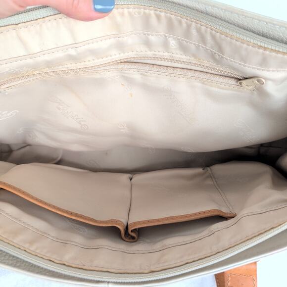 Y2K Early 2000's Fossil Satchel Purse Cream/Chestnut Handles Stitching - Picture 10 of 16